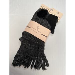 Nanette Lepore Scarf Gloves Hat Set of 3 Pieces Black Silver Metallic